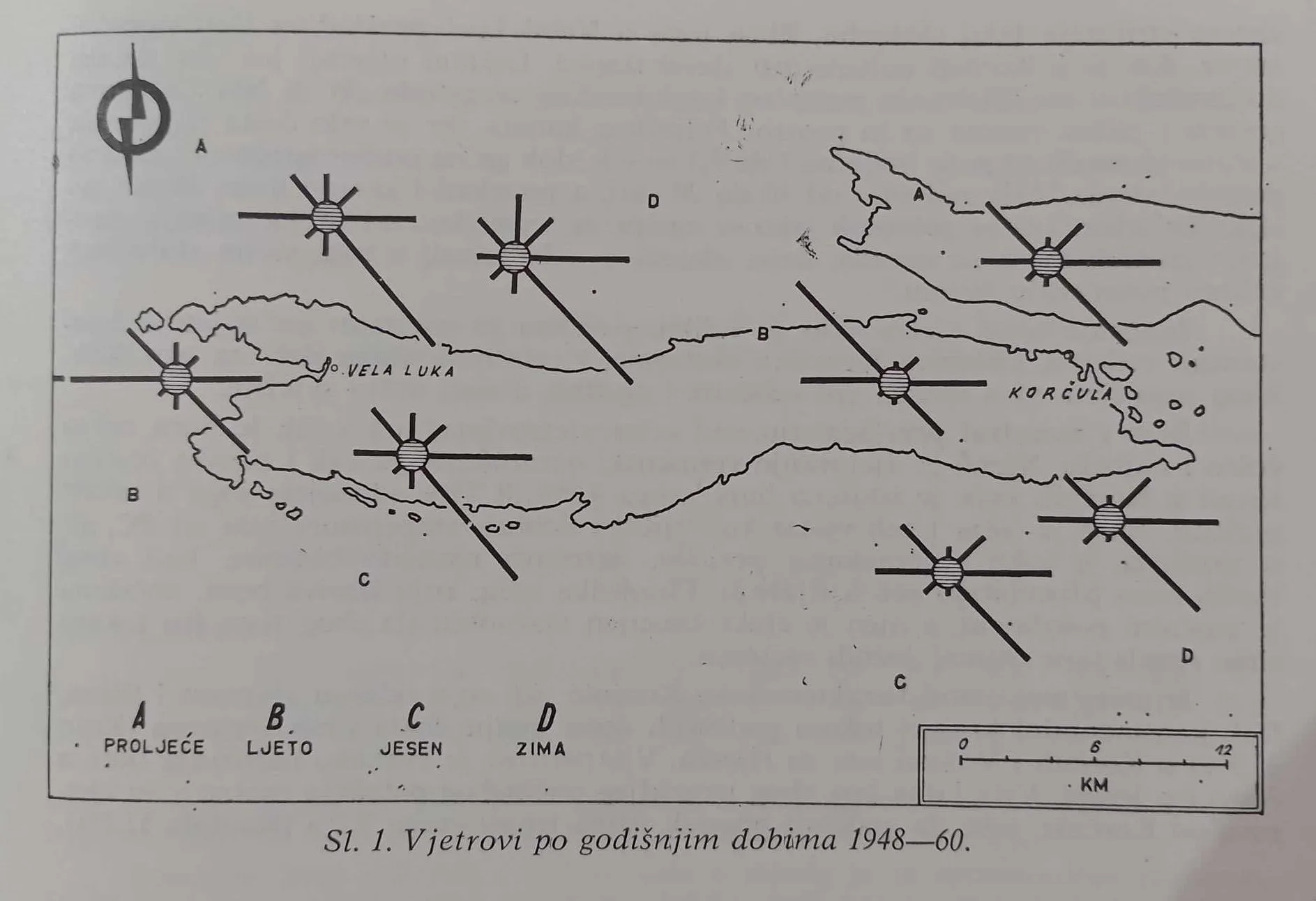Karta vjetrova na Korčuli po godišnjim dobima